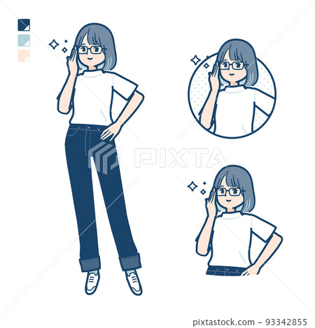 一名年輕女子穿著 T 卹，戴著眼鏡的插圖 93342855