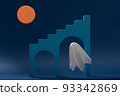 A ghost floats in front of the stairs in the light of the orange moon on blue background 93342869