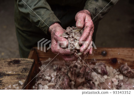 Hands mixing ingredients to stuff white sausage, Argentina Hands mixing ingredients to stuff white sausage, Argentina 93343352