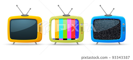 Retro tv cartoon background media. Orange yellow blue retro tv old vintage vector cute icon. 93343387