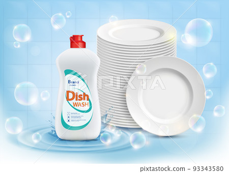 Dishwashing liquid in a plastic bottle next to clean dishes Dishwashing liquid in a plastic bottle next to clean dishes 93343580