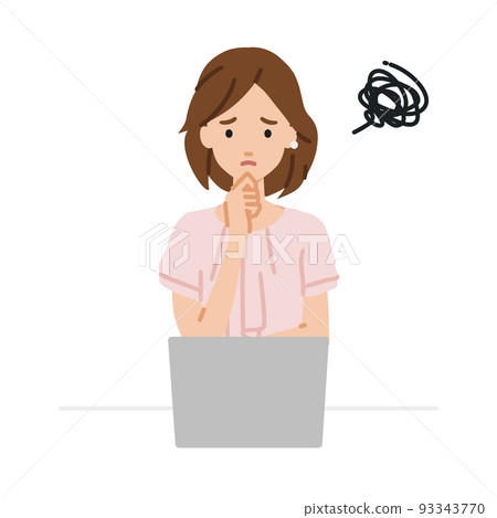 一位辦公室休閒女性坐在辦公桌前，無法打開她的電腦 93343770