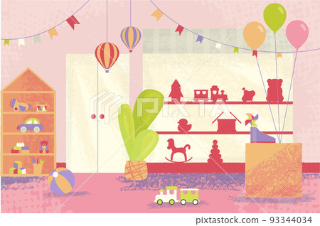 Cartoon Color Toys Shop Interior Inside Concept Flat Design Style. Vector illustration of Kid Goods Store 93344034
