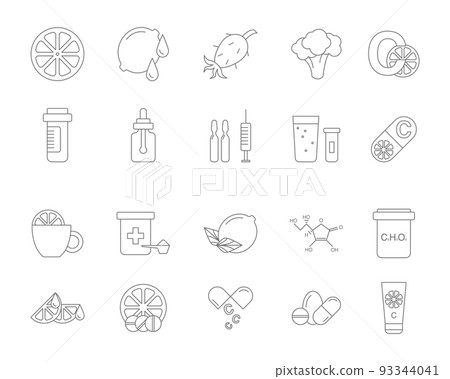 Vitamin C Signs Black Thin Line Icons Set Include of Lemon and Capsule. Vector illustration of Icon Vitamin C Signs Black Thin Line Icons Set Include of Lemon and Capsule. Vector illustration of Icon 93344041