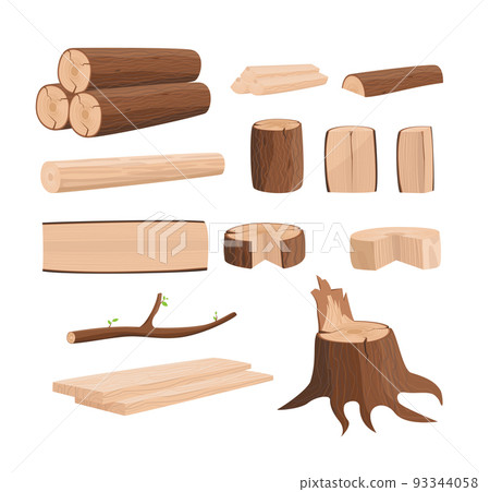 Cartoon Color Wooden Logs and Round Slices with Stump Icons Set Flat Design Style. Vector illustration of Icon 93344058