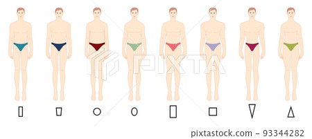 Set of Men body shape types in underwear: triangle, column, trapezium, circle, oval, square, inverted triangle. Male 93344282