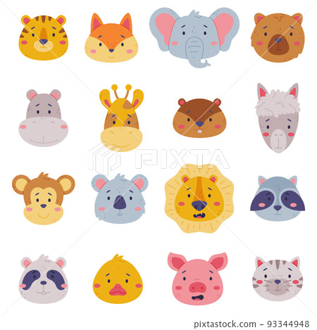 Heads of cute baby animal set. Muzzles of giraffe, llama, koala, raccoon, elephant, cat, panda bear. Nursery decoration, card or invitation design cartoon vector illustration 93344948