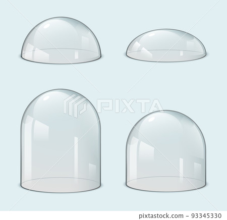Glass dome bell jar cover. 3d transparent vector glass dome protection case hemisphere empty 93345330
