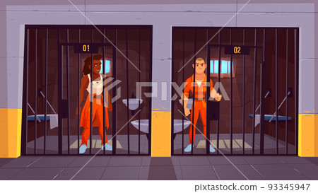 Prisoners in orange jumpsuits in prison jail. Prisoners in orange jumpsuits in prison jail. 93345947