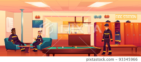 Firefighters in fire station recreation room relax Firefighters in fire station recreation room relax 93345966