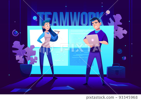 Teamwork characters at screen for presentations Teamwork characters at screen for presentations 93345968