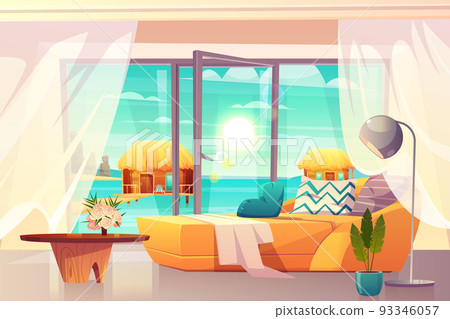 Tropical resort hotel room interior cartoon vector 93346057