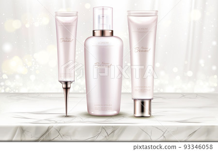 Beauty cosmetics bottles line on marble table top 93346058