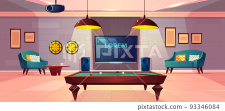 Recreation room in home basement cartoon vector 93346084
