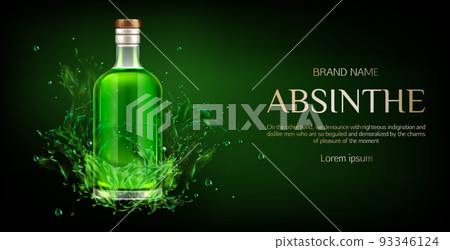 Absinthe bottle mock up banner, blank glass flask Absinthe bottle mock up banner, blank glass flask 93346124