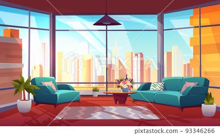 Living room with panoramic window, cozy apartment Living room with panoramic window, cozy apartment 93346266
