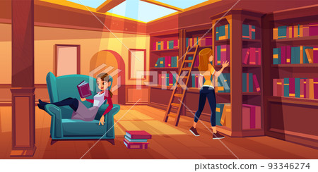 Women in library reading and searching books. 93346274