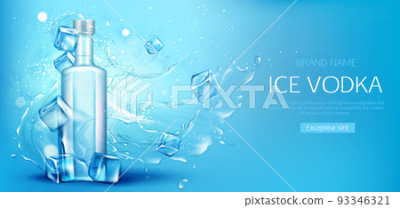 Vodka bottle with ice cubes mockup promo banner 93346321