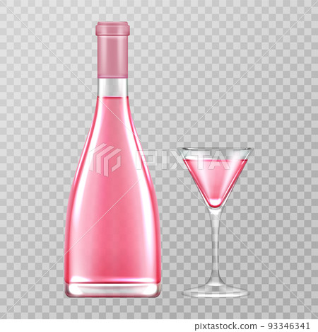 Pink champagne bottle and glass, rose bubbly wine Pink champagne bottle and glass, rose bubbly wine 93346341
