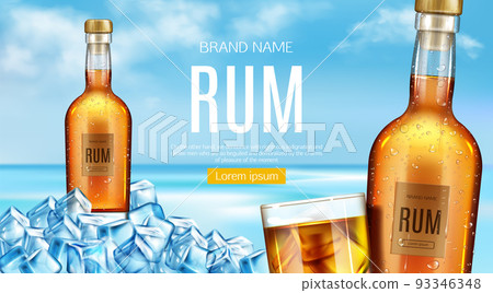 Rum bottle and glass stand of heap of ice cubes 93346348