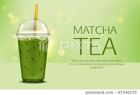 Matcha green tea with ice cubes in takeaway cup 93346370