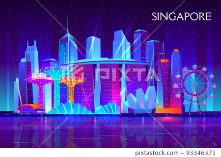 Singapore night cityscape neon vector background 93346371