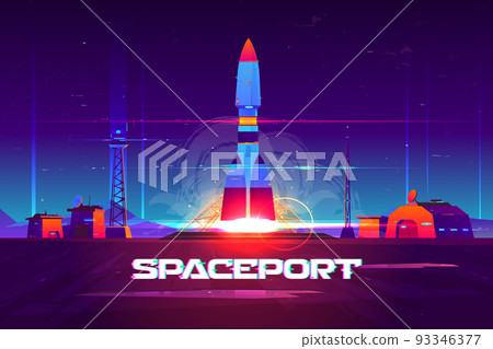 Rocketship launching from spaceport cartoon vector Rocketship launching from spaceport cartoon vector 93346377