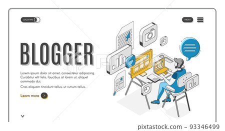 Blogger isometric landing page, social media. 93346499