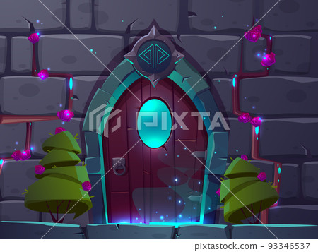 Vector cartoon wooden magic door, mystery portal Vector cartoon wooden magic door, mystery portal 93346537