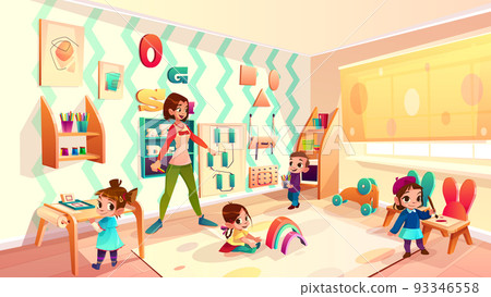 Kids in Montessori school classroom cartoon vector 93346558