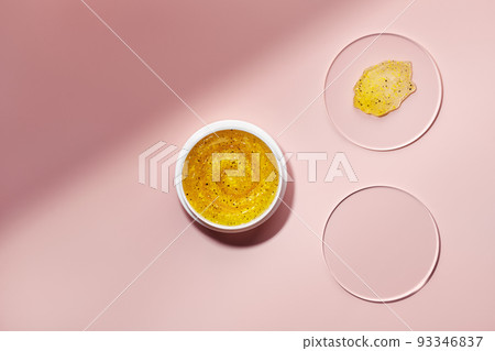 Cosmetic product with particles in container and petri dish on pink background. Sample natural skin care Cosmetic product with particles in container and petri dish on pink background. Sample natural skin care 93346837