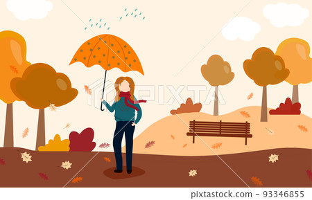 Autumn holiday. Young happy woman with umbrella in a park. Healthy lifestyle and recreation leisure activity. Vector illustration. Autumn holiday. Young happy woman with umbrella in a park. Healthy lifestyle and recreation leisure activity. Vector illustration. 93346855