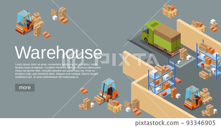 Warehouse isometric 3D vector illustration of modern industrial warehouse and logistics transportation and delivery vehicles 93346905