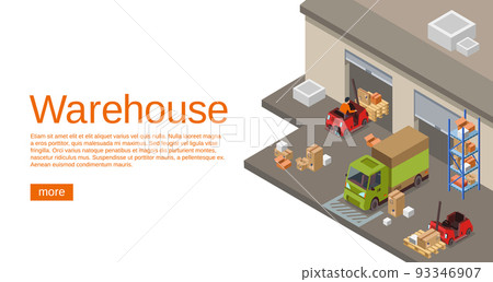 Warehouse isometric 3D vector illustration of storehouse and logistics and delivery transport Warehouse isometric 3D vector illustration of storehouse and logistics and delivery transport 93346907