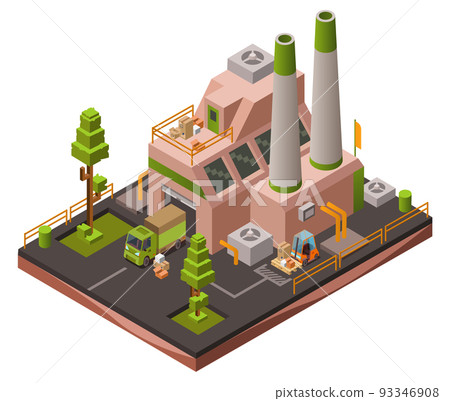 Factory plant isometric 3D vector illustration of modern industrial warehouse and logistics transport vehicles Factory plant isometric 3D vector illustration of modern industrial warehouse and logistics transport vehicles 93346908
