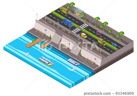 Riverside city isometric 3D vector illustration of waterfront town map with cars and river ferry boat pier 93346909