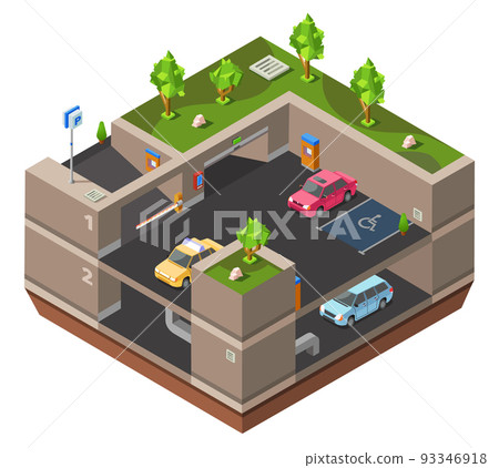 Parking lot isometric 3D vector illustration for construction design of cars, parkomat checkpoint and direction marking 93346918