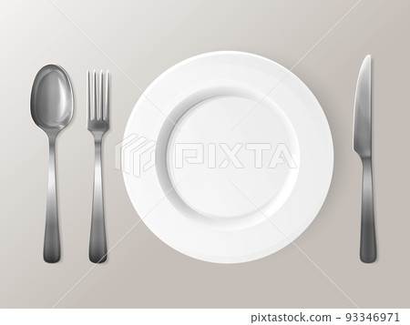 Spoon, fork or knife and plate tableware 3D vector illustration 93346971
