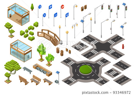 City road isometric 3D vector illustration of traffic light and direction signs or crossroads isolated icons 93346972