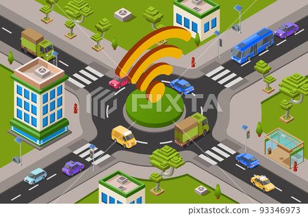 Smart city traffic and wifi on crossroad isometric 3D vector illustration of modern urban transport internet technology 93346973