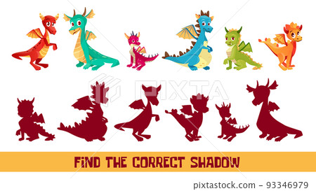 Kid dragon find correct shadow game vector cartoon illustration 93346979