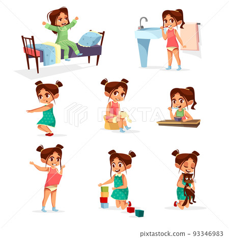 Vector cartoon girl daily routine activity set 93346983