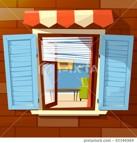 House window facade vector cartoon illustration of old or modern apartments wit window shutters and room view 93346984
