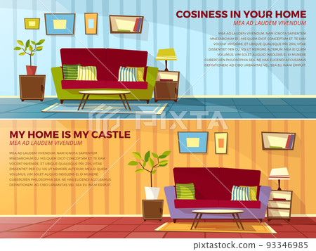 Room interior design vector cartoon illustration of old or modern apartments living room with furniture Room interior design vector cartoon illustration of old or modern apartments living room with furniture 93346985