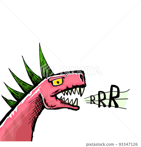 Vector hand drawn cartoon roaring dino head isolated on white background. Pink Dino punk rock star character with green Iroquois. 93347126