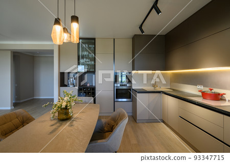 Large modern grey luxurious kitchen and dining room in studio apartment 93347715