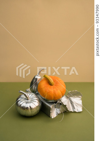 Modern still life with various pumpkins decorated in silver on a podium made of bricks Modern still life with various pumpkins decorated in silver on a podium made of bricks 93347990