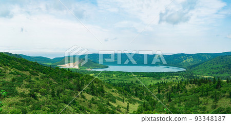 natural landscape of Kunashir island, view of the Golovnin volcano caldera with hot lakes natural landscape of Kunashir island, view of the Golovnin volcano caldera with hot lakes 93348187