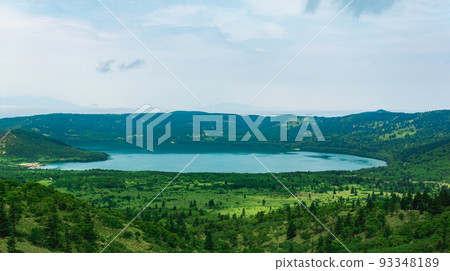 natural landscape of Kunashir island, view of the Golovnin volcano caldera with hot lake natural landscape of Kunashir island, view of the Golovnin volcano caldera with hot lake 93348189