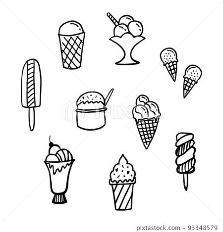 Ice cream line doodle set. Nine different ice cream: popsicle, gelato, clotted cream, sundae, soft serve ice cream. Template for design. Cute hand drawn vector illustration in flat style. Ice cream line doodle set. Nine different ice cream: popsicle, gelato, clotted cream, sundae, soft serve ice cream. Template for design. Cute hand drawn vector illustration in flat style. 93348579